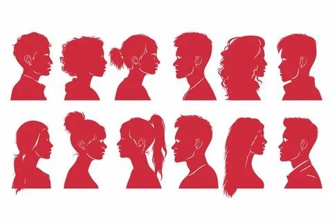 Vector simple silhouettes or icons of many people, woman and man facing each oth Stock Illustration