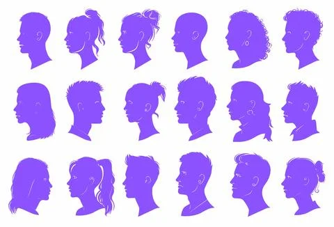 Vector simple silhouettes or icons of many people, woman and man facing each oth Stock Illustration