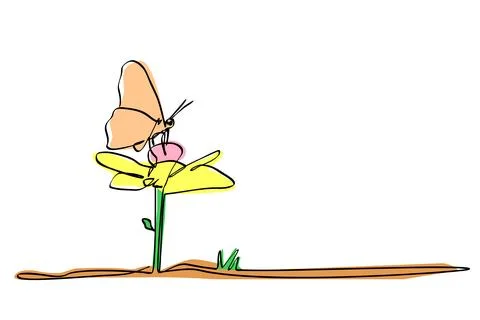 Vector simple single or one continuous butterfly at flower Stock Illustration