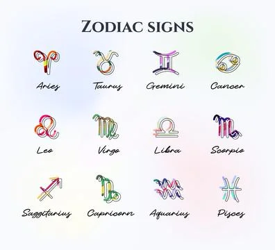 Vector simple style illustration set, colorful Astrological signs isolated .. Stock Illustration