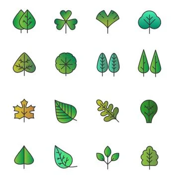 Vector Simple tree leaves icons isolated. Green yellow foliage, stylized herbs Stock Illustration
