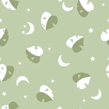 Vector Simplified Monstera Half Moon Leaves with Crescent Moons seamless pattern 스톡 일러스트