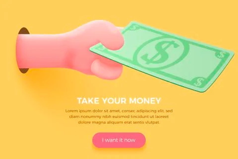 Vector site banner concept - cartoon 3d realistic hand holding dollar bill Stock Illustration