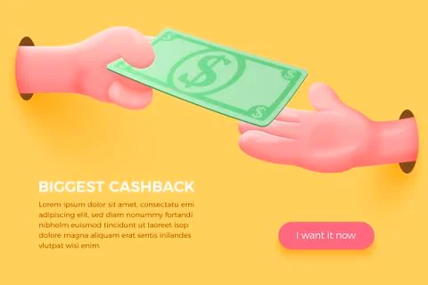 Vector site banner concept - cartoon 3d realistic hands holding dollar bill Stock Illustration