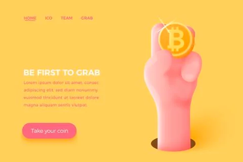 Vector site banner concept - cartoon 3d realistic hand holding golden bitcoin Stock Illustration