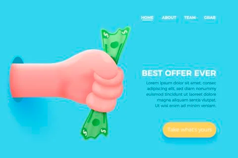 Vector site banner concept - cartoon 3d realistic hand holding dollar bill Stock Illustration