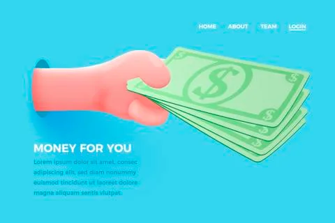Vector site banner concept - cartoon 3d realistic hand holding dollars Stock Illustration
