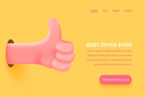 Vector site banner concept - cartoon 3d realistic like, thumb up hand Stock Illustration