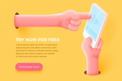 Vector site banner concept - cartoon 3d realistic hand holding cell phone Stock Illustration