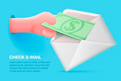 Vector site concept - cartoon 3d realistic hand taking dollar from envelope Stock Illustration