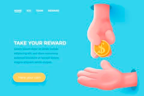 Vector site concept - cartoon 3d realistic hand give golden dollar to other Stock Illustration