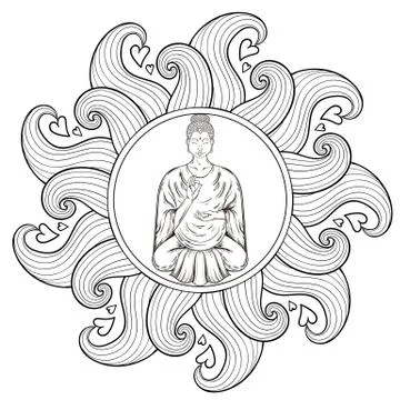 Vector Sitting Buddha in Lotus pose, in waves mandala, teaching 스톡 일러스트