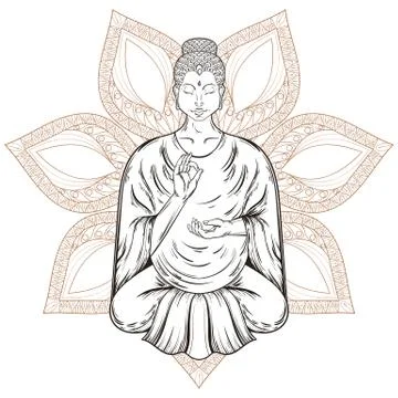Vector Sitting Buddha in Lotus pose, isolated on henna mandala 스톡 일러스트