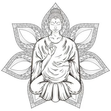 Vector Sitting Buddha in Lotus pose, isolated on mandala, teachi 스톡 일러스트