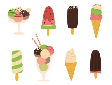 Vector six colorful flat different ice creams. Popsicle, cone, sundae, popsic Stock Illustration