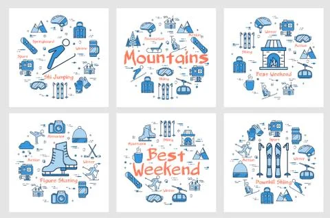 Vector six round banner winter and sport activity Stock Illustration