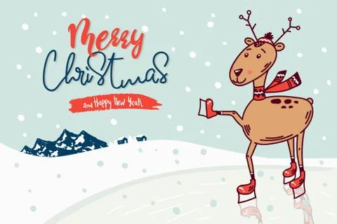 Vector skating deer christmas. Original greeting, invitation card. Winter Stock Illustration