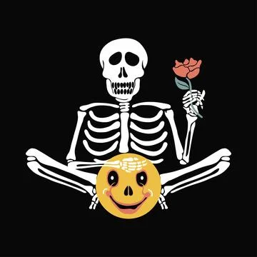 Vector skeleton in yoga meditation. Three separate parts (skeleton, doll, rose). Stock Illustration