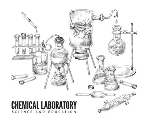 Vector sketch background with equipment and glassware for chemical scientific or Stock Illustration