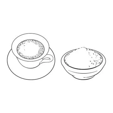 Vector sketch bowl of powder, cup of mathca tea Stock Illustration