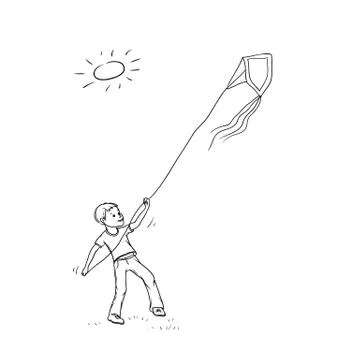 Vector sketch boy plays with paper kite. Active children teenager walk in summer Stock Illustration