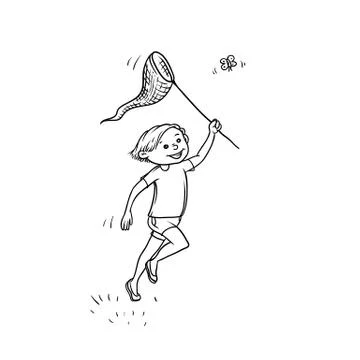 Vector sketch boy run net to catch butterflies. Active play children teenager Stock Illustration