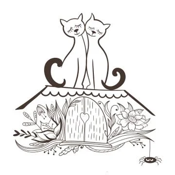 Vector Sketch with Cats in Love Stock Illustration