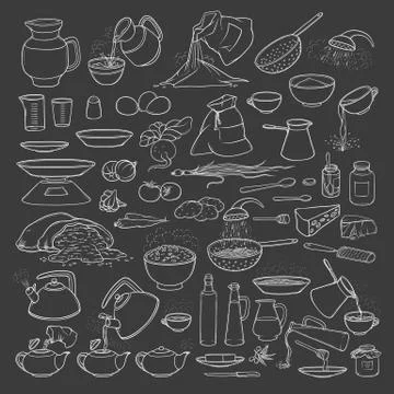 Vector sketch collection set chalk on blackboard food products Stock Illustration