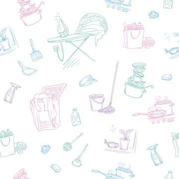 Vector sketch color seamless pattern of objects and situations house cleaning Stock Illustration