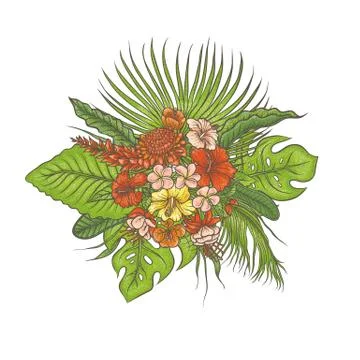 Vector sketch colored texture set composition bouquet. Green leaves of tropical 스톡 일러스트
