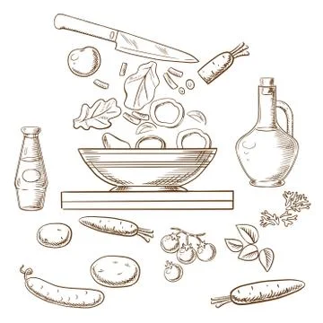 Vector sketch of cooking salad process Stock Illustration