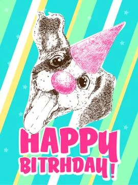 Vector sketch of cute mongrel puppy with cap and clown nose. Happy birthday Illustrazione stock