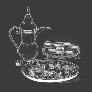 Vector sketch drawing chalk on blackboard ethnic Arabic cup and copper coffee Stock Illustration