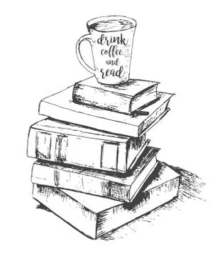 Vector sketch drawing with cup and books Illustrazione stock