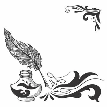Vector Sketch with Feather and Inkstand Stock Illustration