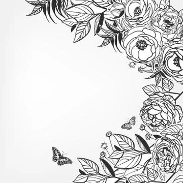 Vector sketch flower background card rose pions Stock Illustration
