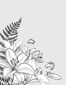 Vector sketch flower background card lily fern composition 스톡 일러스트