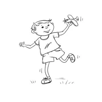 Vector sketch fun boy runs with toy plane in his hand. Active play children Stock Illustration