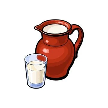 Vector sketch glass of milk, ceramic jug crock Stock Illustration