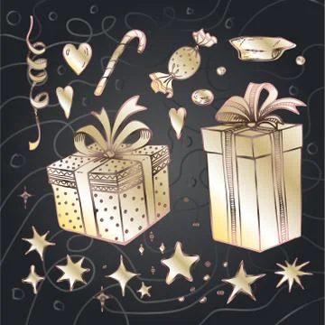 Vector sketch of golden gift boxes, hearts, candy, holiday ribbons, sweets and Stock Illustration