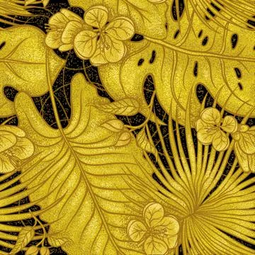 Vector sketch golden texture botanical seamless pattern. Gold shiny leaves 스톡 일러스트