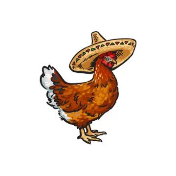 Vector sketch hand drawn chicken in sombrero Stock Illustration