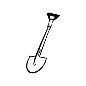 Vector sketch hand drawn silhouette of a shovel, line art with black lines Illustrazione stock