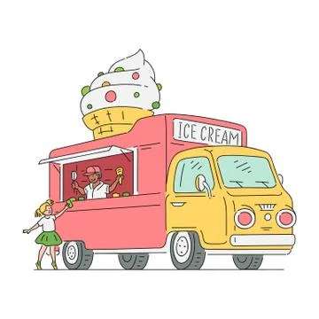 Vector sketch ice cream van in vintage style Stock Illustration