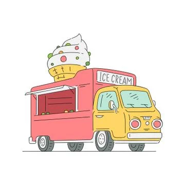 Vector sketch ice cream van in vintage style Stock Illustration