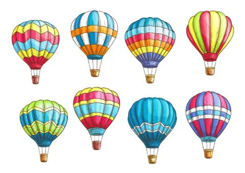 Vector sketch icons set hot air balloons pattern Illustrazione stock