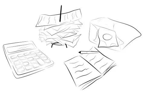 Vector Sketch Illustration for Cost Control, calculator, stack of payment rec Stock Illustration