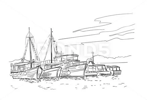 Vector sketch illustration European Croatia ships vacation cruise Stock Illustration