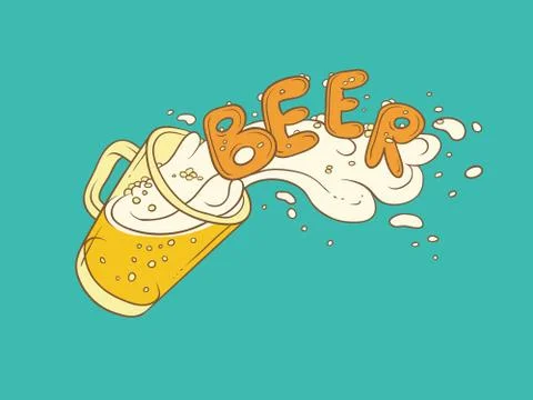 Vector sketch illustration pint of beer. Bubbles and foam pouring from mug Stock Illustration