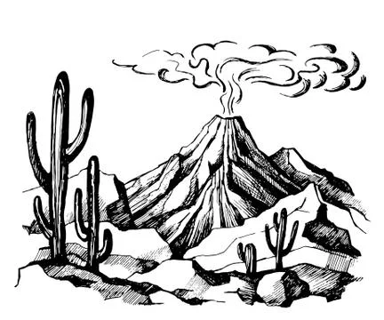 Vector sketch landscape volcanic eruption Stock Illustration
